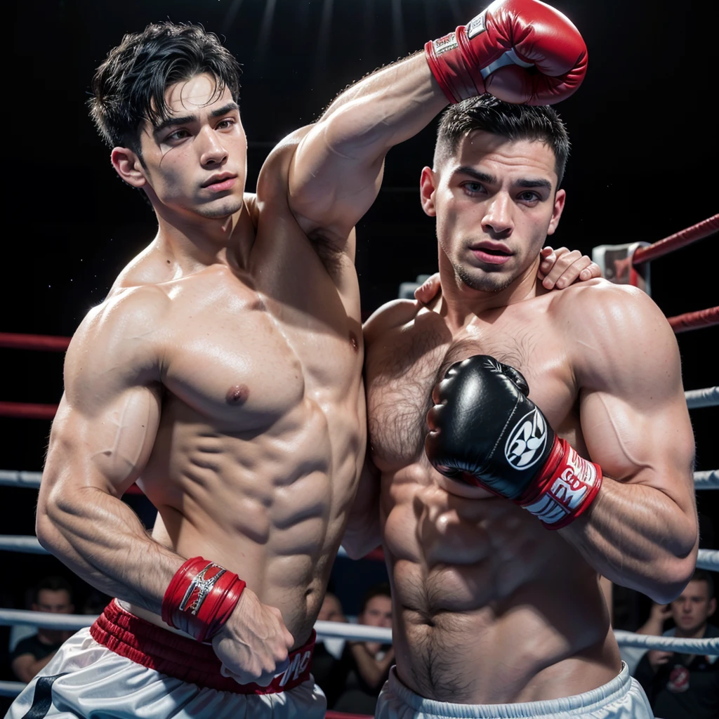 hairy, muscular boxer, has straight black hair on his chest, large flexed biceps, leather red fat big gloves oversized, laces and tapped and has his hands raised in a sign of victory, he is over a boxing ring, he wear small briefs and long boxing boots, use a boxing head gear, short hair cut, show his hairy armpits, he is on a boxing vintage gym, his opponent are behind him ready to fight, showing his muscles