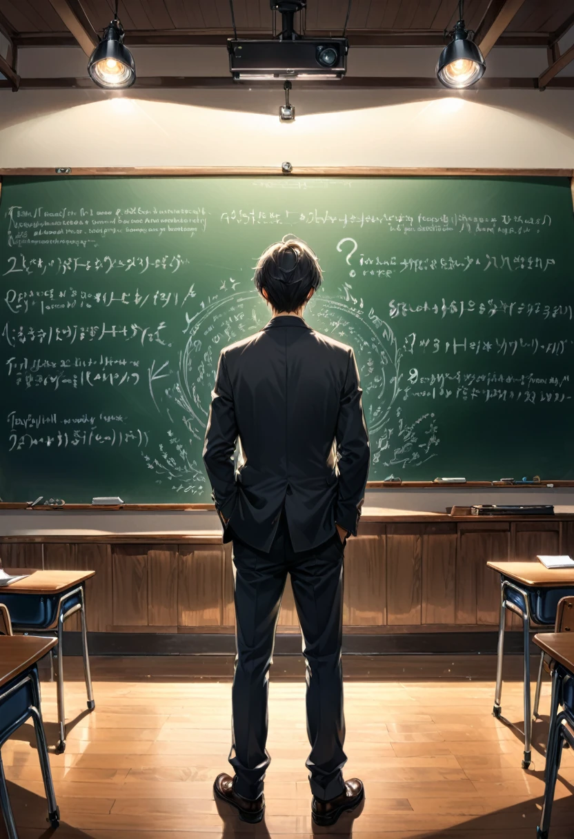 (Wearing Glasses), the teacher stands in front of the blackboard, with glasses reflecting classroom lights as the head rotates. The chalk in hand leaves clear handwriting on the blackboard, explaining the course. The background is a student listening quietly, full body, (Photography), panoramic view, award-winning, cinematic still, emotional, vignette, dynamic, vivid, (masterpiece, best quality, Professional, perfect composition, very aesthetic, absurdres, ultra-detailed, intricate details:1.3)
