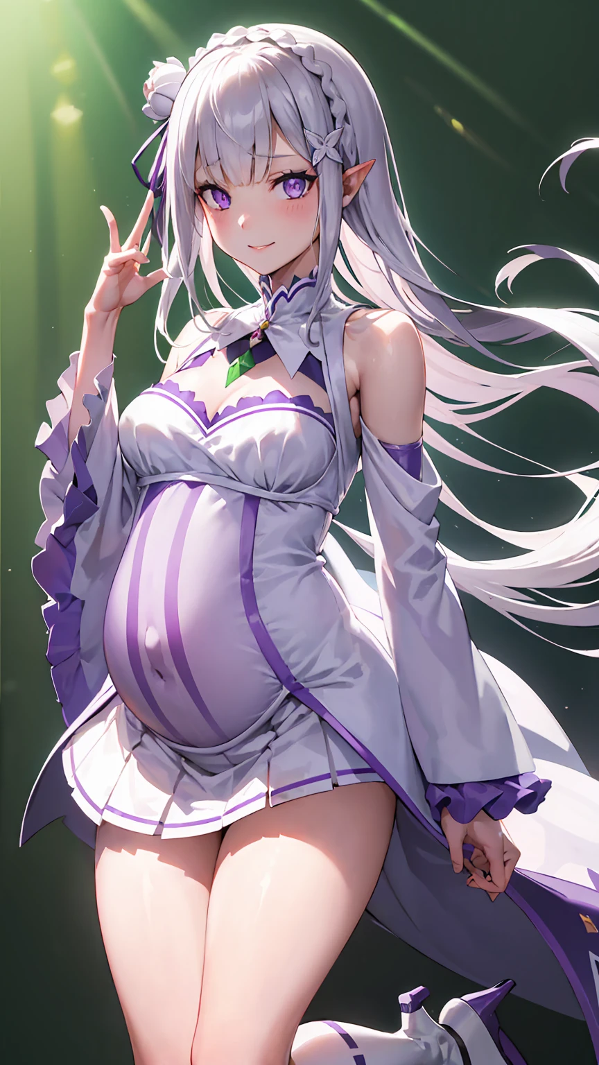 Lezero Emilia, emilia, braid, Crown braid, flower, Hair Flower, hair ornament, Hair Ribbon, Long hair, pointy ear, (Purple eyes:1.2), White hair, x hair ornament,
Break Detach Color, Detached sleeves, frilly sleeves, frilld, Long sleeves, Miniskirt, Pleated skirt, bow ribbon, Skirt, thighs thighs thighs thighs, White skirt, White sleeves, white thighhig, Wide sleeves, zettai ryouiki,

 BREAK (masutepiece:1.2), Best Quality, High resolution, Unity 8k Wallpaper, (Illustration:0.8), (Beautiful detailed eyes:1.6), extra detailed face, Perfect Lighting, extremely details CG, (Perfect hands, Perfect Anatomy),is standing、Evil Fall, 1girl in, solo, pubic tattoo,Lipakeup、lip stick、eye line / Mascara Eyeshadow Evil Fall、Bad Woman、bad looking、Empty eyes、Psychopaths、Eyes pink、Grinning、Smile, lightsmile,Knives、low angles、leggy、Long leguchimuchi、Transparent pupils、, ((Positive pregnancy test))fullbody image、high-heels、High heels、Absolute area、  （Cowboy Shot:1.4）、