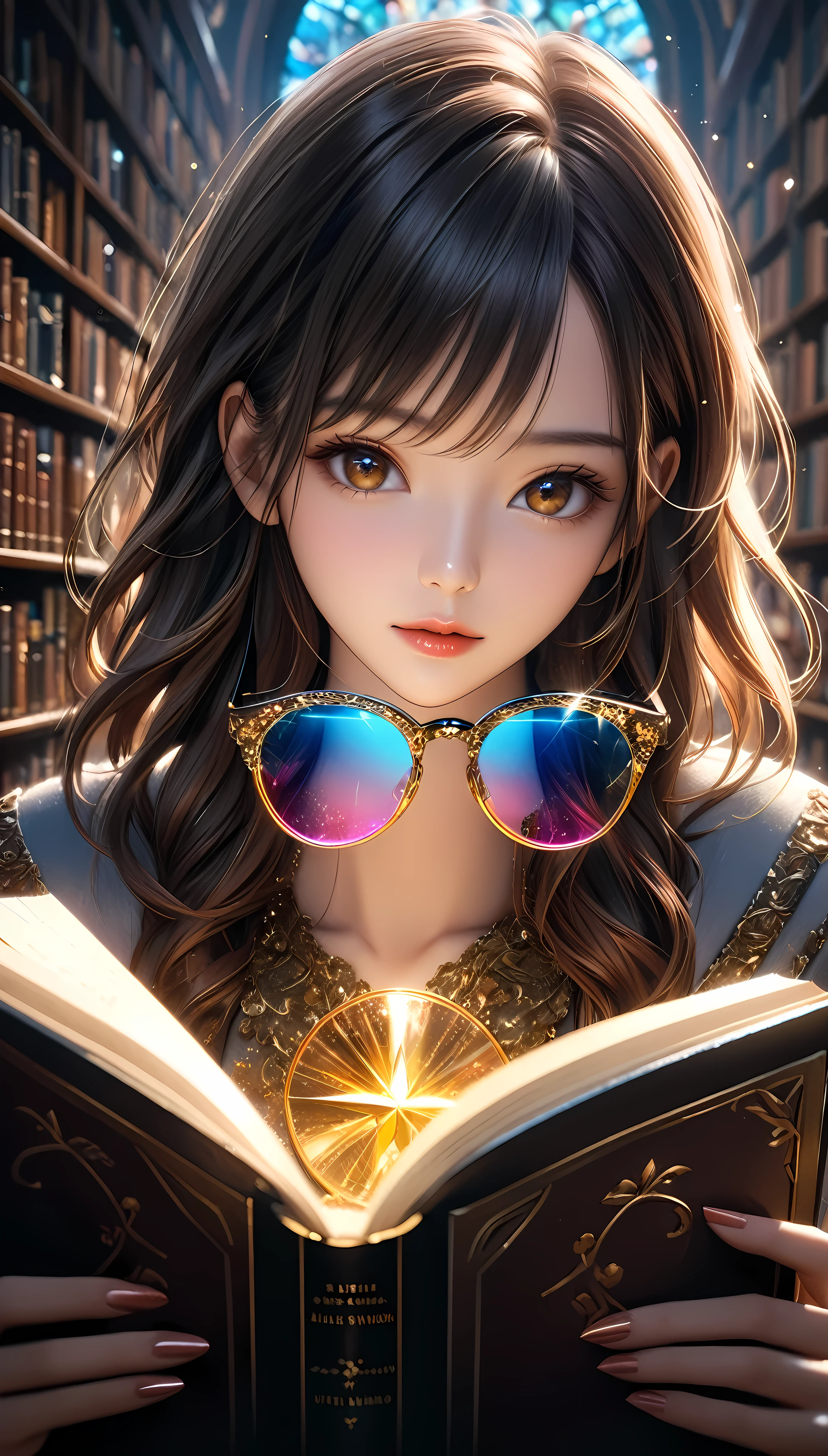 ((Masterpiece in maximum 16K resolution):1.6),((soft_color_photograpy:)1.5), ((Ultra-Detailed):1.4),((Movie-like still images and dynamic angles):1.3). | (cinematic photo of beautiful female with exotic glasses with colored lens), (majestic library), (beautiful female with fancy hand gloves), (focus on the exotic glasses with colored lens), (cinematic style), (rare books), (luminous object), (serene atmosphere), (shimmer), (aesthetic background), (visual experience),(Realism), (Realistic),award-winning graphics, dark shot, film grain, extremely detailed, Digital Art, rtx, Unreal Engine, scene concept anti glare effect, All captured with sharp focus. | Rendered in ultra-high definition with UHD and retina quality, this masterpiece ensures anatomical correctness and textured skin with super detail. With a focus on high quality and accuracy, this award-winning portrayal captures every nuance in stunning 16k resolution, immersing viewers in its lifelike depiction. | ((perfect_composition, perfect_design, perfect_layout, perfect_detail, ultra_detailed)), ((enhance_all, fix_everything)), More Detail, Enhance.