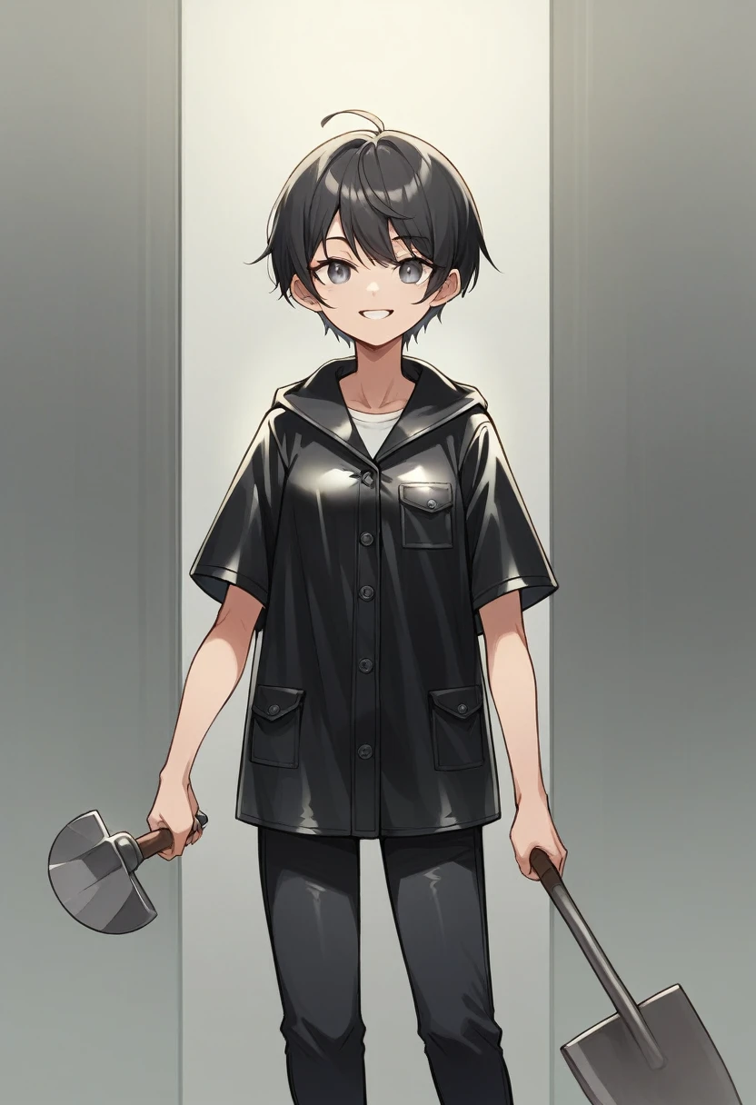 ((very tall girl)), 1 girl, full height, black very short hair, small breasts, in a long ((((black)))) leather raincoat, raincoat unbuttoned, small breasts, gray eyes, smiling, T-shirt and pants under the raincoat, holding a long shovel in her hands, 1 girl in the frame, black raincoat, 1 shovel