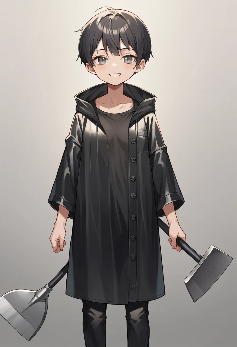 ((very tall girl)), 1 girl, full height, black very short hair, small breasts, in a long ((((black)))) leather raincoat, raincoat unbuttoned, small breasts, gray eyes, smiling, T-shirt and pants under the raincoat, holding a long shovel in her hands, 1 girl in the frame, black raincoat, 1 shovel