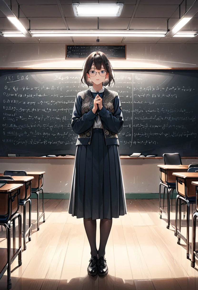 (Wearing Glasses), the teacher stands in front of the blackboard, with glasses reflecting classroom lights as the head rotates. The chalk in hand leaves clear handwriting on the blackboard, explaining the course. The background is a student listening quietly, full body, (Photography), panoramic view, award-winning, cinematic still, emotional, vignette, dynamic, vivid, (masterpiece, best quality, Professional, perfect composition, very aesthetic, absurdres, ultra-detailed, intricate details:1.3)