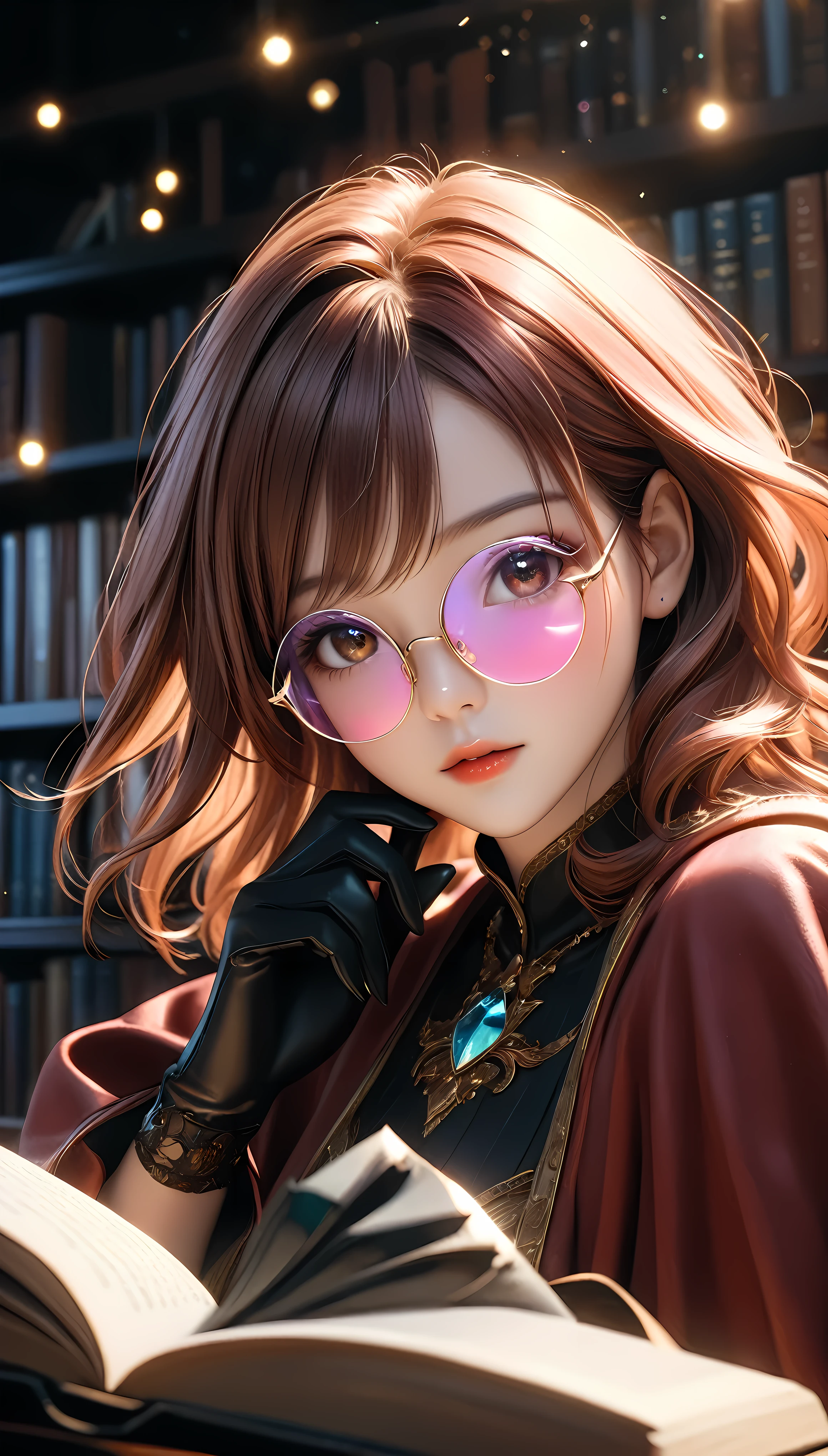 ((Masterpiece in maximum 16K resolution):1.6),((soft_color_photograpy:)1.5), ((Ultra-Detailed):1.4),((Movie-like still images and dynamic angles):1.3). | (cinematic photo of beautiful female with exotic glasses with colored lens), (majestic library), (beautiful female with fancy hand gloves), (focus on the exotic glasses with colored lens), (cinematic style), (rare books), (luminous object), (serene atmosphere), (shimmer), (aesthetic background), (visual experience),(Realism), (Realistic),award-winning graphics, dark shot, film grain, extremely detailed, Digital Art, rtx, Unreal Engine, scene concept anti glare effect, All captured with sharp focus. | Rendered in ultra-high definition with UHD and retina quality, this masterpiece ensures anatomical correctness and textured skin with super detail. With a focus on high quality and accuracy, this award-winning portrayal captures every nuance in stunning 16k resolution, immersing viewers in its lifelike depiction. | ((perfect_composition, perfect_design, perfect_layout, perfect_detail, ultra_detailed)), ((enhance_all, fix_everything)), More Detail, Enhance.