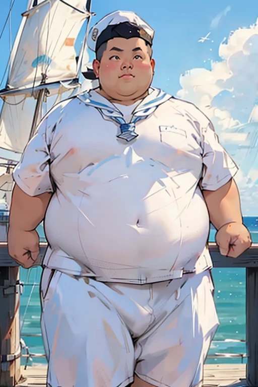 sailor，White clothes and hat，overweight，obesity，on board，Look into the distance，high quality，high-definition，masterpiece，