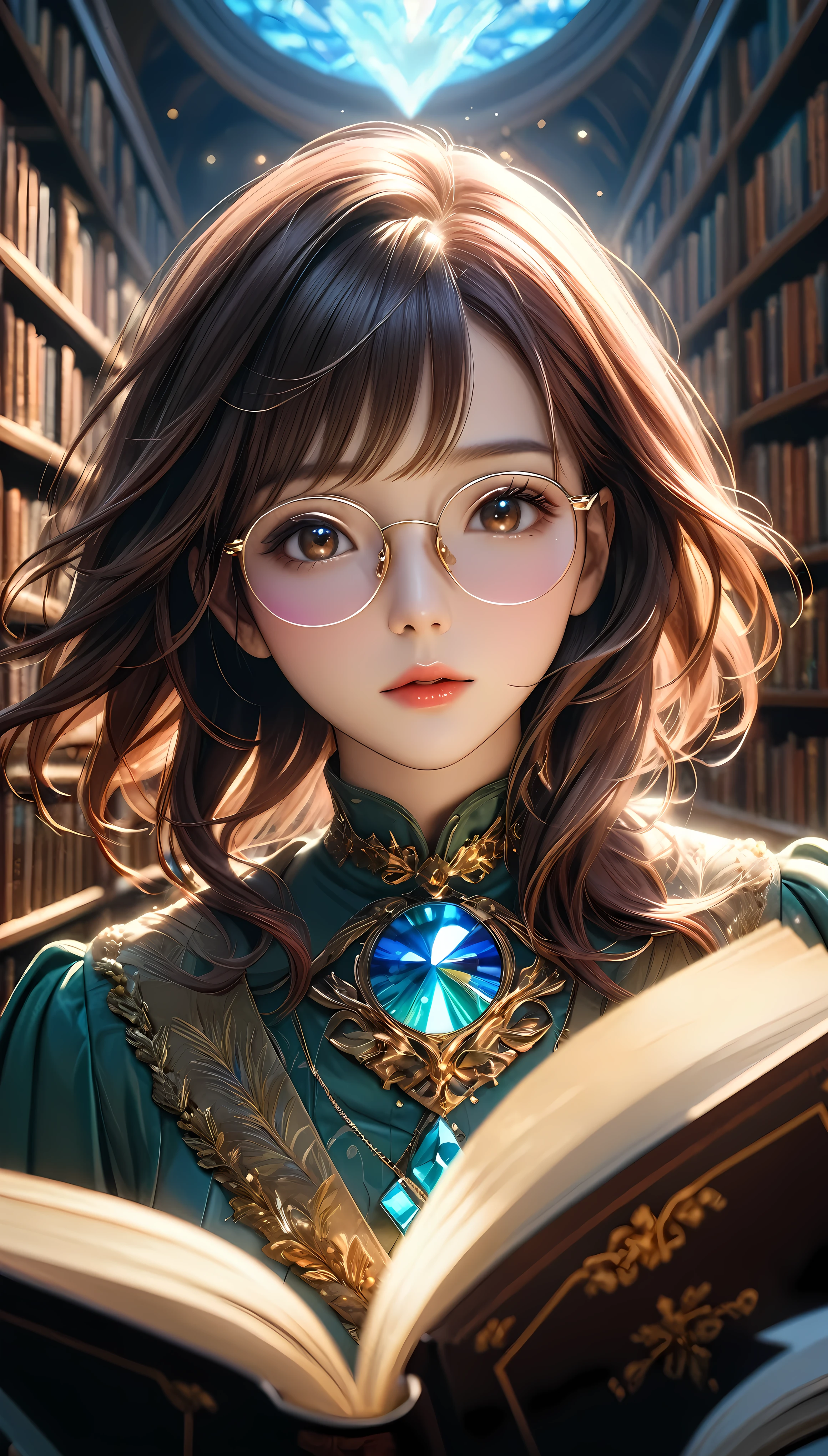 ((Masterpiece in maximum 16K resolution):1.6),((soft_color_photograpy:)1.5), ((Ultra-Detailed):1.4),((Movie-like still images and dynamic angles):1.3). | (cinematic photo of beautiful female with exotic glasses with colored lens), (majestic library), (beautiful female with fancy hand gloves), (focus on the exotic glasses with colored lens), (cinematic style), (rare books), (luminous object), (serene atmosphere), (shimmer), (aesthetic background), (visual experience),(Realism), (Realistic),award-winning graphics, dark shot, film grain, extremely detailed, Digital Art, rtx, Unreal Engine, scene concept anti glare effect, All captured with sharp focus. | Rendered in ultra-high definition with UHD and retina quality, this masterpiece ensures anatomical correctness and textured skin with super detail. With a focus on high quality and accuracy, this award-winning portrayal captures every nuance in stunning 16k resolution, immersing viewers in its lifelike depiction. | ((perfect_composition, perfect_design, perfect_layout, perfect_detail, ultra_detailed)), ((enhance_all, fix_everything)), More Detail, Enhance.