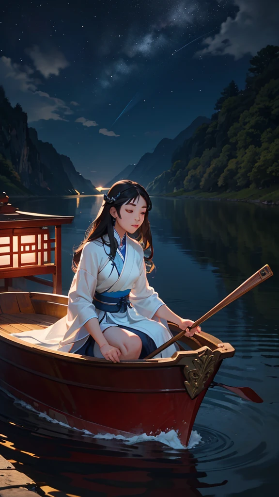 Under the silver moonlight, a young Chinese woman glides gently on her small boat down the peaceful river. Your delicate face is illuminated by the moonlight, reflected in the surface of the water surrounding your boat. She glides gracefully, long dark hair flowing delicately in the night wind. Her Chinese silk robes flow elegantly as she sails, absorbing the serenity of the moment. The river is like a mirror that duplicates the beauty of the night sky above, creating an idyllic and ethereal image. Right now, the young woman seems to be in harmony with the nature that surrounds her, your journey on the river lit only by moonlight.