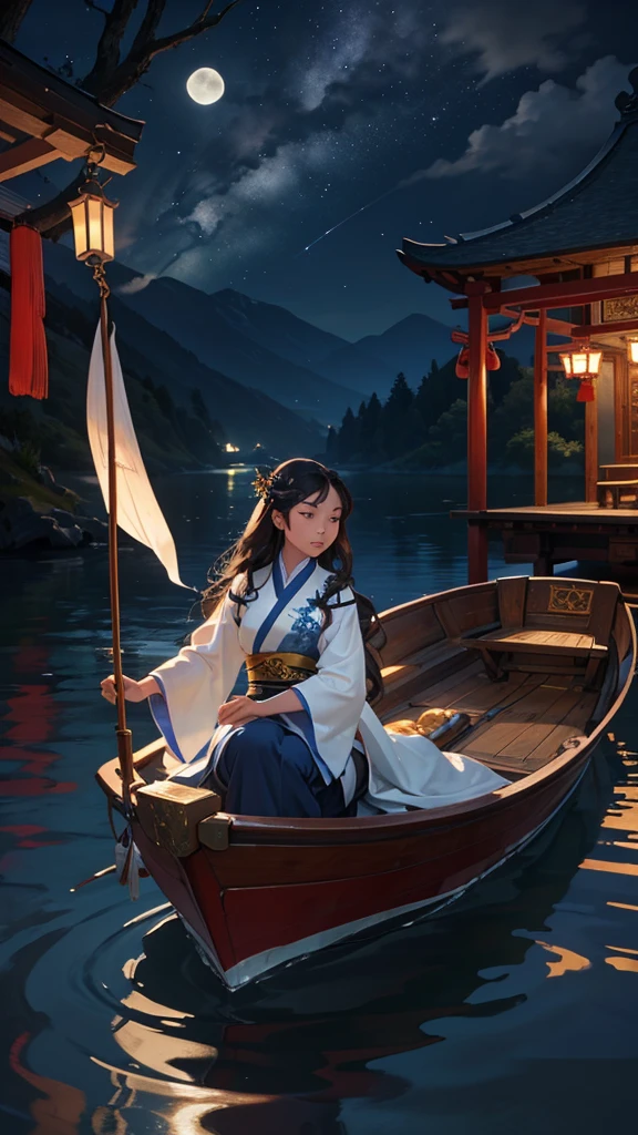 Under the silver moonlight, a young Chinese woman glides gently on her small boat down the peaceful river. Your delicate face is illuminated by the moonlight, reflected in the surface of the water surrounding your boat. She glides gracefully, long dark hair flowing delicately in the night wind. Her Chinese silk robes flow elegantly as she sails, absorbing the serenity of the moment. The river is like a mirror that duplicates the beauty of the night sky above, creating an idyllic and ethereal image. Right now, the young woman seems to be in harmony with the nature that surrounds her, your journey on the river lit only by moonlight.
