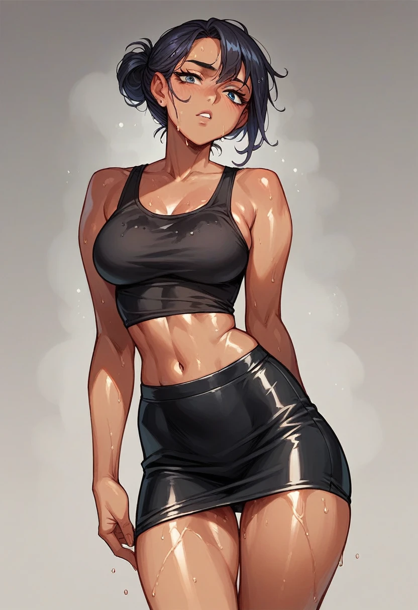1girl, wearing a black tank top and short messy skirt, she is hard, she is oiled up and wet