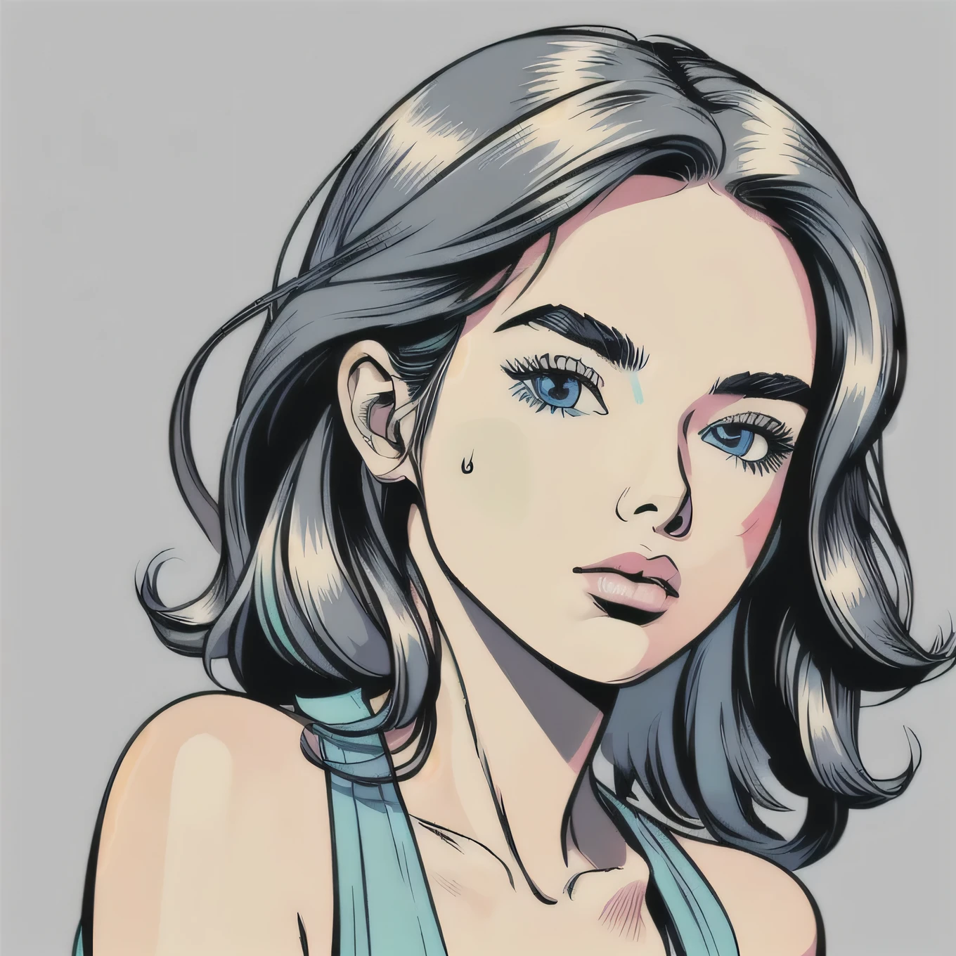 Flat Color, 25 year old surfer girl, Sunburn, ([blue eyes]) Long white wavy hair, Natural beauty, beautiful, casual, Green tank top, masterpiece, Pop Art, close, Portraiture, Anime Style, Simple and bold colored line art, Manga style illustration, Cartoon Art Style, Digital illustration style, highly detailed character design, Cute and detailed digital art, beautiful digital illustration, high quality Portraiture, Comic art, Character Design Portrait, (([Simple gray background])) Pop Art, 