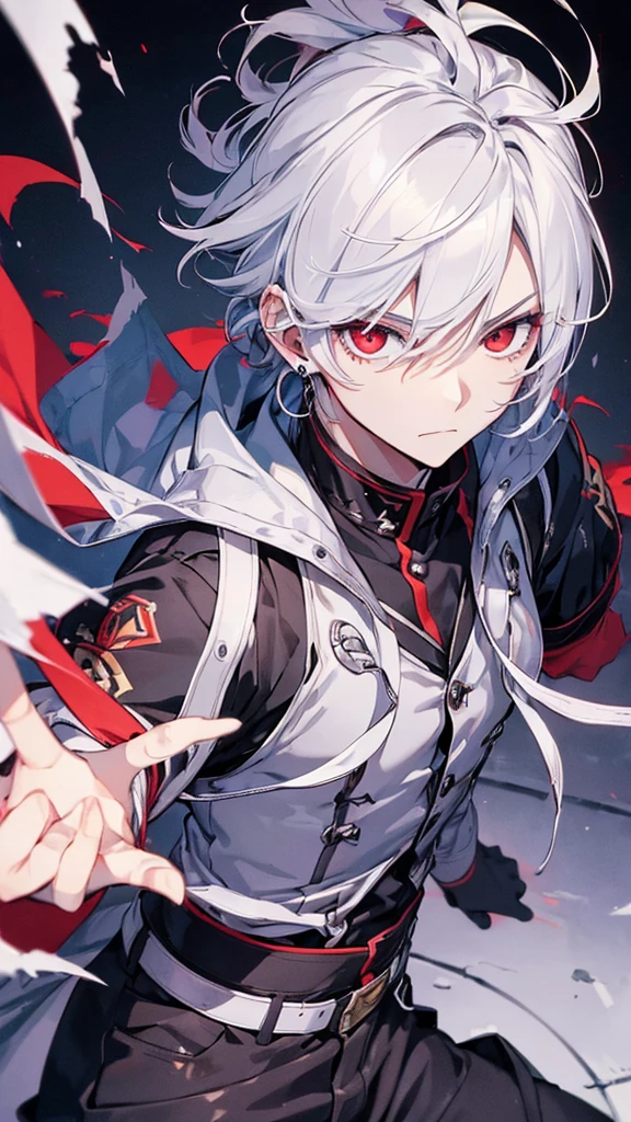 (Highest quality,Super detailed,Realistic:1.37),A boy with white hair and dark red eyes,It gives off a dark aura. He seems to have both human and demonic qualities., With sharp devilish features. He wears an earring in one ear, This adds to his mysterious and attractive appearance.. The hair and eyes are also very detailed., Capture the intensity of each hair and red eye. The overall image should have a Realistic and photoRealistic quality, Vibrant colors accentuate the contrast between the boy's appearance and the dark atmosphere.. The lighting should be dramatic., Use shadows to add depth to character features. The art style can be a mix of concept art and anime, blending Realistic elements with a touch of fantasy. The image should have a dark and moody tone, Enhances the mystical and supernatural atmosphere.Looking at this,Face is close,Wearing an all black suit,