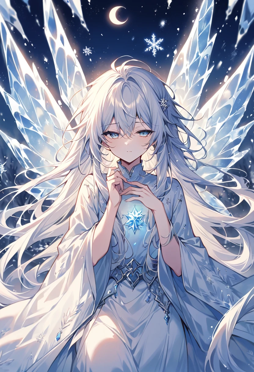 ((Highest quality)), ((masterpiece)), (detailed), ((Perfect Face))、A mysterious young man who embodies a snow fairy., Delicate, Translucent wings sparkling in the light of the full moon. he is in a snowy landscape, Surrounded by sparkling snowflakes. his hair is silvery white, Flowing gently in the cold wind, And his eyes are a piercing icy blue. His outfit、It is a combination of silvery white and light blue fabric that resembles a layer of frost and ice.。, Bring out his otherworldly beauty. The scene creates a tranquil and magical atmosphere., Under the starry winter sky