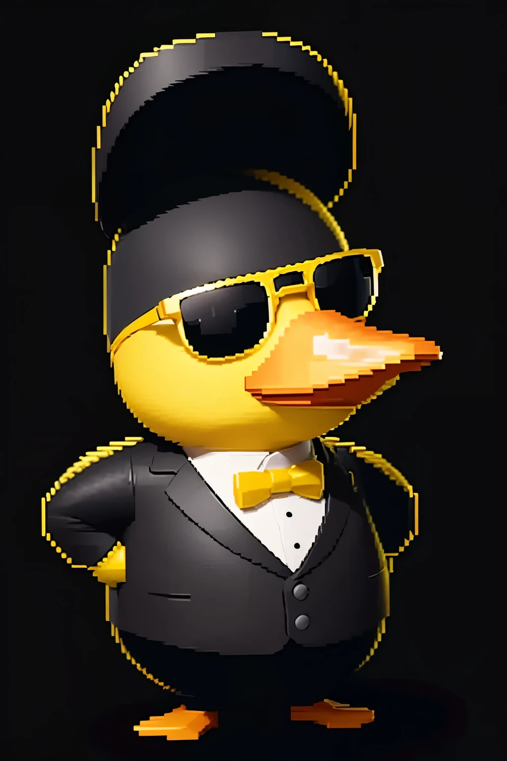 1 duck with sunglasses, This duck is yellow and wears a suit, pixel art, simple background, darkness background
