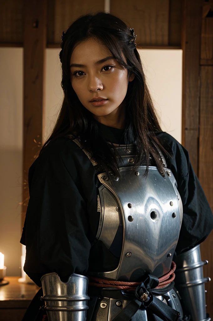 A woman in a samurai knight's dress carrying a sword with a splash of red stain points the sword at the enemy in the background of the samurai village of the majestic building of the pagoda
