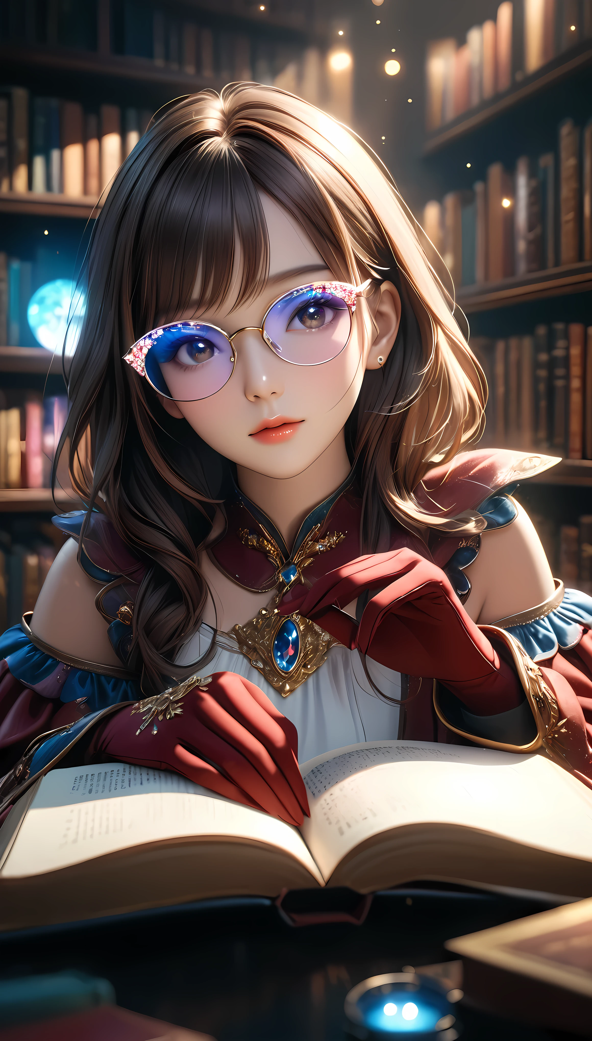 ((Masterpiece in maximum 16K resolution):1.6),((soft_color_photograpy:)1.5), ((Ultra-Detailed):1.4),((Movie-like still images and dynamic angles):1.3). | (cinematic photo of beautiful female with exotic glasses with colored lens), (majestic library), (beautiful female with fancy hand gloves), (focus on the exotic glasses with colored lens), (cinematic style), (rare books), (luminous object), (serene atmosphere), (shimmer), (aesthetic background), (visual experience),(Realism), (Realistic),award-winning graphics, dark shot, film grain, extremely detailed, Digital Art, rtx, Unreal Engine, scene concept anti glare effect, All captured with sharp focus. | Rendered in ultra-high definition with UHD and retina quality, this masterpiece ensures anatomical correctness and textured skin with super detail. With a focus on high quality and accuracy, this award-winning portrayal captures every nuance in stunning 16k resolution, immersing viewers in its lifelike depiction. | ((perfect_composition, perfect_design, perfect_layout, perfect_detail, ultra_detailed)), ((enhance_all, fix_everything)), More Detail, Enhance.
