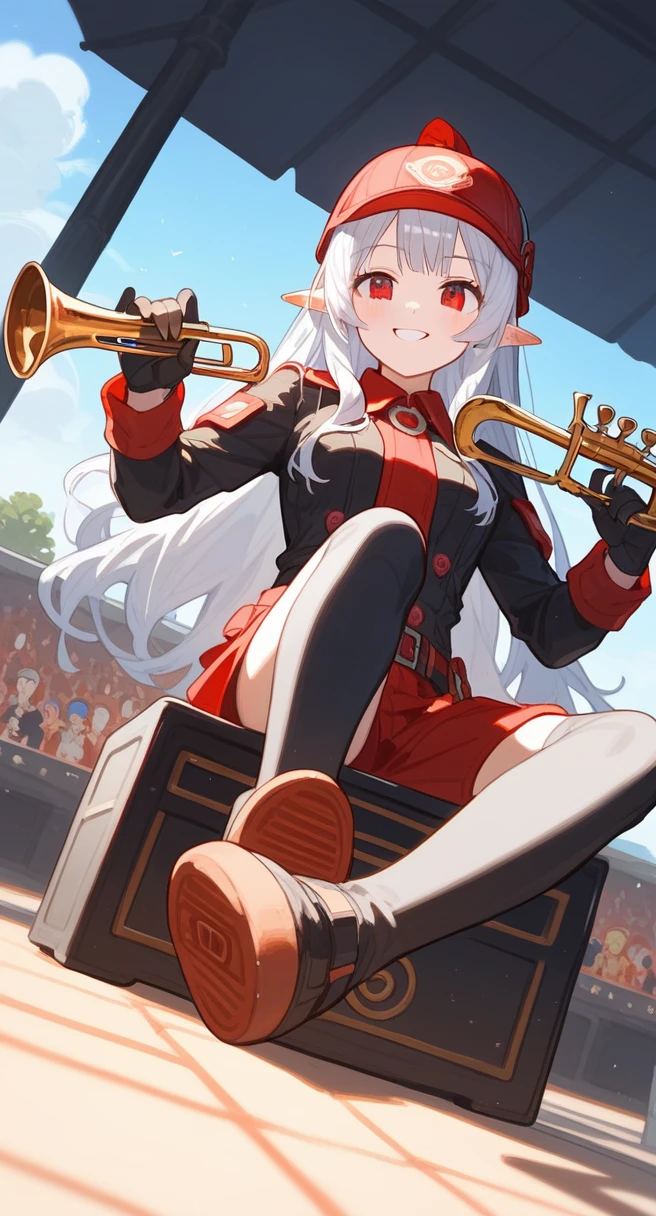 Fraction_9,Fraction_8_Direction_7_up,1 Girl,Mudstone (Ark of Tomorrow),foot,Gloves,helmet,trumpet,Sole,Red Eyes,赤foot,Pointed ears,breast,Solitary,Long hair,White hair,black Gloves,foot趾,cap,foot部焦点,Looking at the audience,sit,Keep,outdoor,sky空,Bangs, (Ark of Tomorrow),sky,Smile,blush,demon trumpet,Infection monitors (Ark of Tomorrow),shorten,sun,