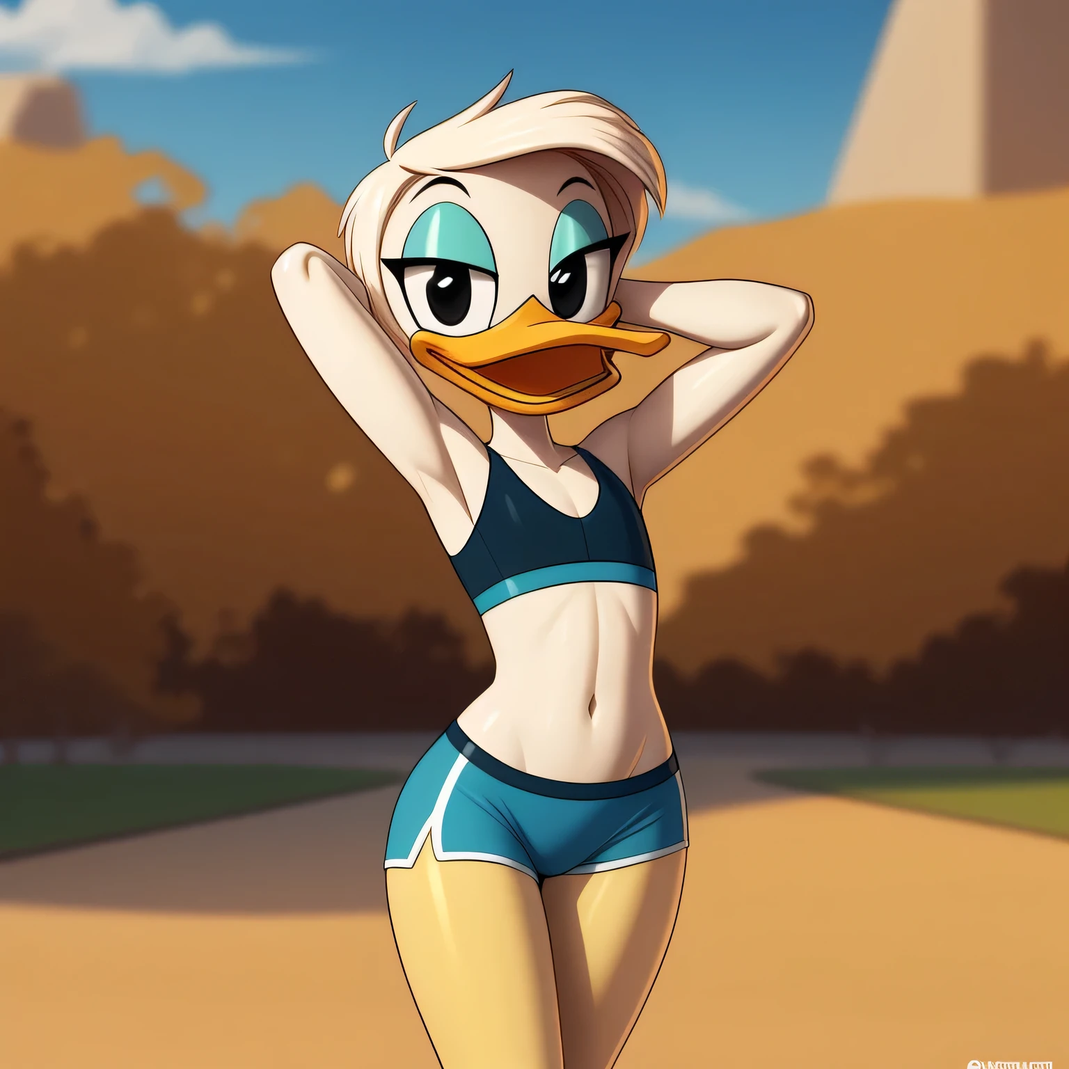 photorealism, duck, Betsy Duck, detailed background, outside, eyeshadow, tan hairstyle: 1:2, cartoon, (flat chested), (yellow legs: 1.2), smiling, happy, ducktales

wear cyan sports bra, cyan shorts, stretching her arms, intricate, detailed

simple black eyes, detailed, intricate, long skinny torso, (showing her torso)

highest quality, (detailed white skin:1.3), (looking at the viewer), (soft cinematic light:1.1) ,