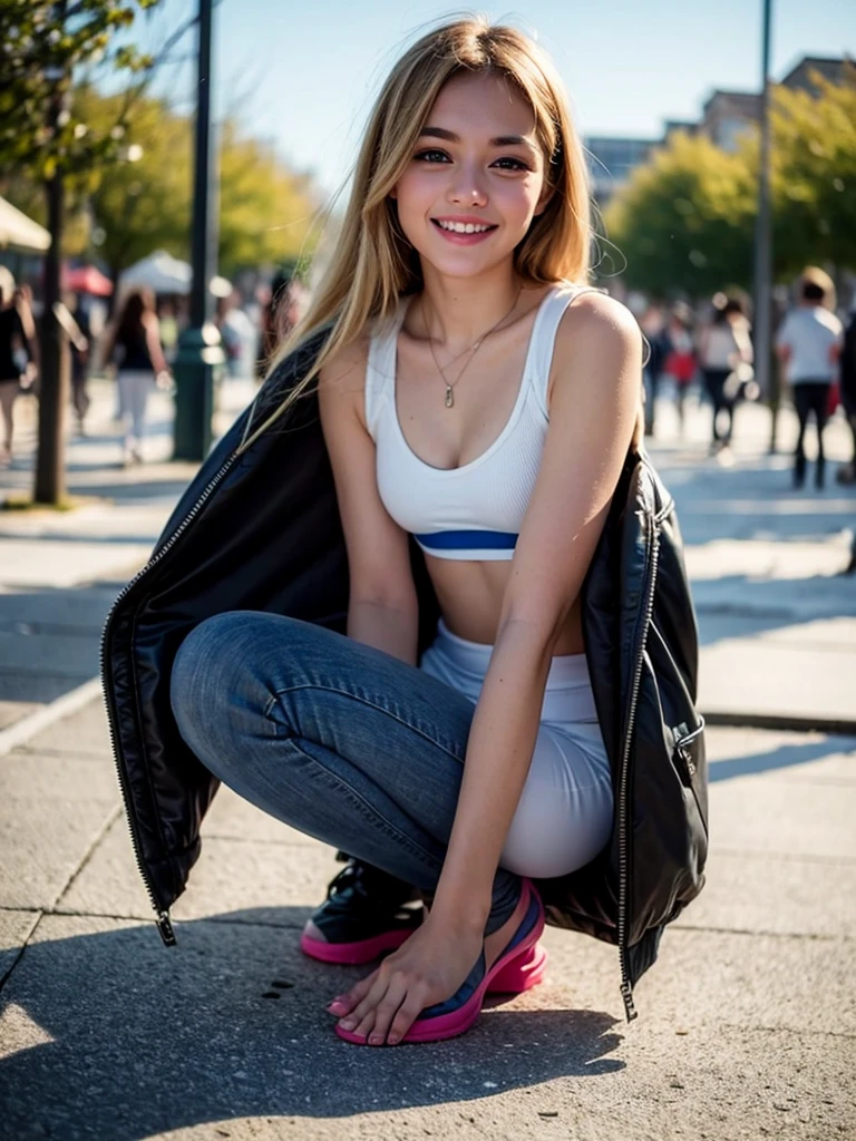 (((Open Stance)))、、1 Girl, solo, Sports Bra、(((Pedestrian precinct)))、Flight jacket、Squat、White leggings pants、Place your arms behind your back、Beautiful knees、smile、