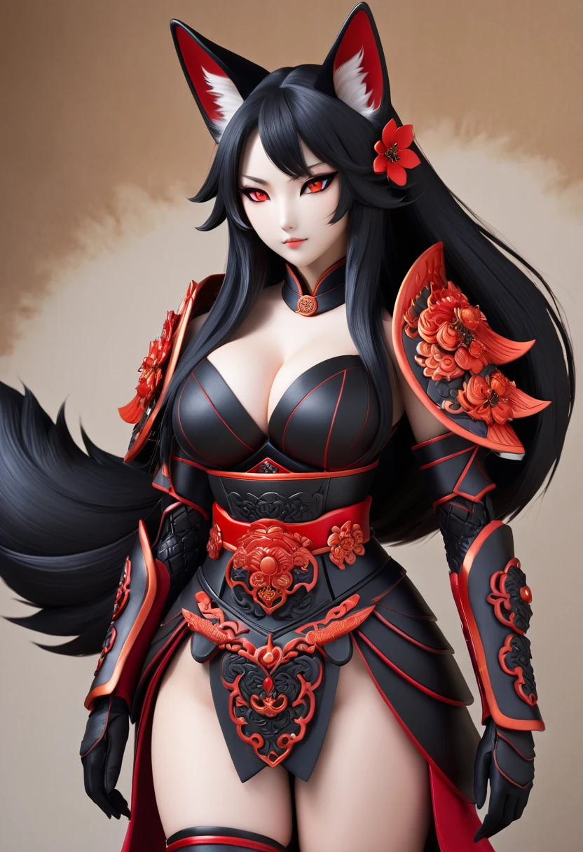 Beautiful black Kitsune, red eyes, highly detailed face, highly detailed eyes, big breasts, mature woman, several black kitsune tails, soft long Black Kitsune ears, Wearing Red And Black Shogun Armor, wide waist