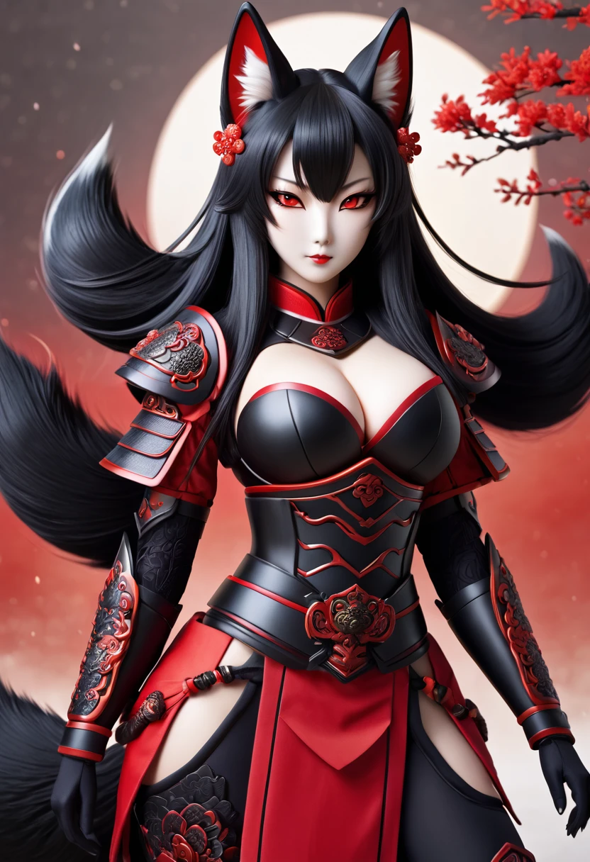 Beautiful black Kitsune, red eyes, highly detailed face, highly detailed eyes, big breasts, mature woman, several black kitsune tails, soft long Black Kitsune ears, Wearing Red And Black Shogun Armor, wide waist