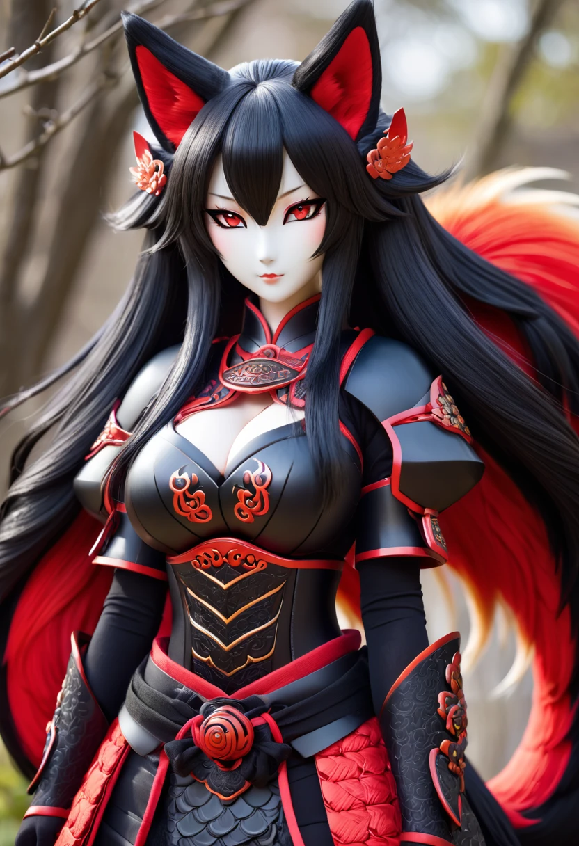 Beautiful black Kitsune, red eyes, highly detailed face, highly detailed eyes, big breasts, mature woman, several black kitsune tails, soft long Black Kitsune ears, Wearing Red And Black Shogun Armor, wide waist