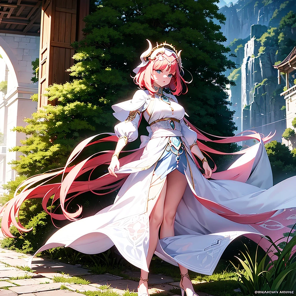 arcanovi, a woman with short pink hair wearing a white dress, girly face, unreal engine character art, portraite