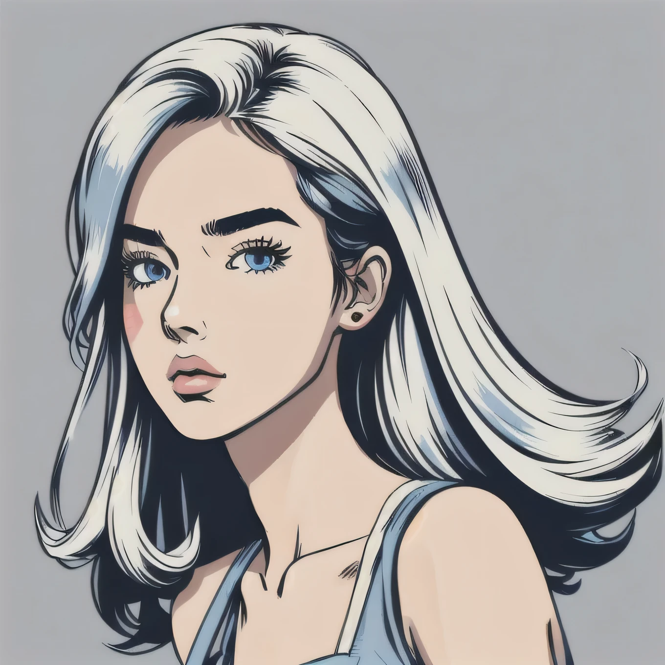 Flat Color, 25 year old surfer girl, Sunburn, ([blue eyes]) Long white wavy hair, Natural beauty, beautiful, casual, Red Tank Top, masterpiece, Pop Art, close, Portraiture, Anime Style, Simple and bold colored line art, Manga style illustration, Cartoon Art Style, Digital illustration style, highly detailed character design, Cute and detailed digital art, beautiful digital illustration, high quality Portraiture, Comic art, Character Design Portrait, (([Simple gray background])) Pop Art, 