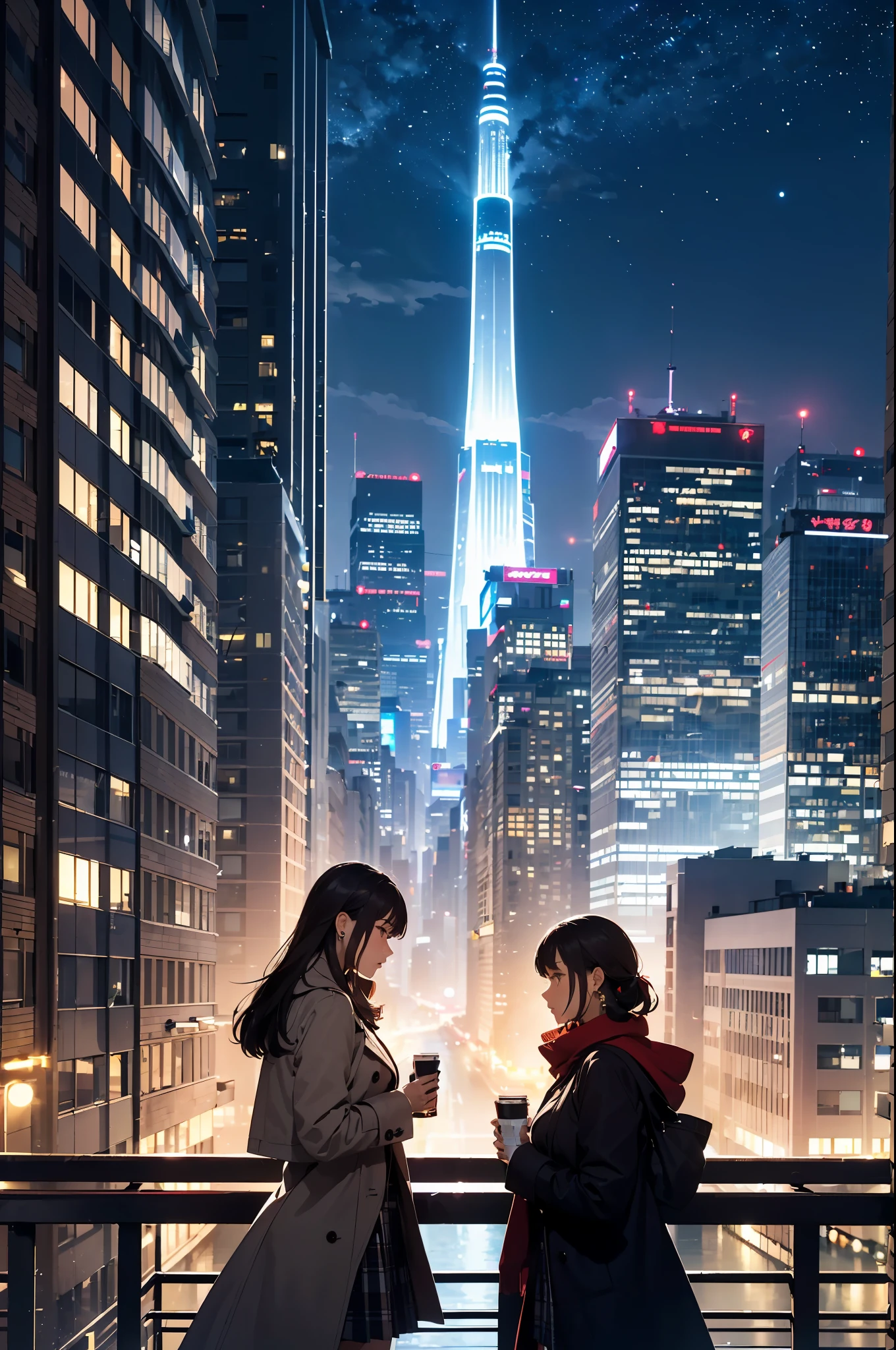 ((masterpiece)), ((top-quality)), (hight resolution:1.2), (extremely detailed CG unified 8k wallpaper),(Promotional posters:1.4), (beautiful night scene:1.4),Midnight,midwinter,(cloudy ash sky:1.2),((snowflakes falling)),((Snowflake),Near and far law,((Wear a long coat)),on a hill,Sit on the ground,((Detailed distant cityscape)),Residential area,condominium,apartament,looking at the city,serene ambiance,eye reflections,Colorcon,(Quintab Tail+1.2),glowing earrings,Profile of the character,1 cute high school girl,(large full breasts),f/2.8 35mm,captured on canon eos r 6,Cute Uniform,Plaid miniskirt,knit,Photorealsitic,Background Focus,Panoramic Photography