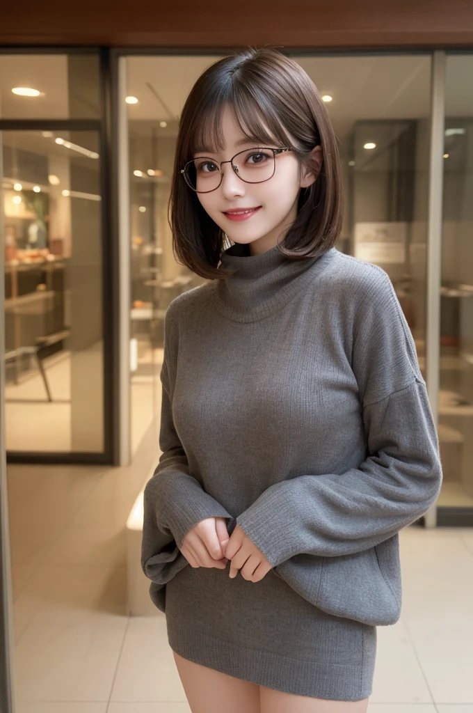Glasses、Standing、 Wear warm clothes、indoor、Very short hair、Berry Shortcut、Highest quality, figure, Super detailed, In detail, High resolution, 8k wallpaper, Perfect dynamic composition, Beautiful attention to detail, dress,Medium Hair, Small breasts、Natural color lip, Random sexy poses,smile,24-years-old