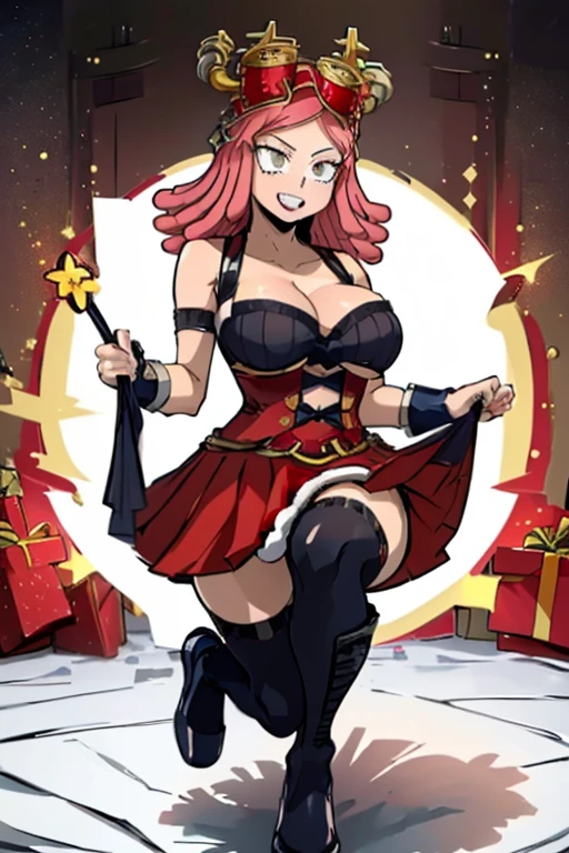 Mei hatsume,\(my hero academia\),my hero Mei Hatsume, a girl with yellow eyes with cross-shaped pupils and asymmetrically combed pink hair, with two longer locks on the right side of her face,(Wearing),+,(Imagine a dazzling, erotic twist on the traditional Mrs. Claus costume for a provocative Christmas cosplay. Start with a floor-length velvet dress in a rich crimson red hue, reminiscent of Santa's iconic suit. The fitted bodice should feature intricate gold embroidery reminiscent of festive holly leaves, with a plunging neckline that shows off ample cleavage. A wide satin sash cinches the waist, accentuating your curves before flowing into a dramatic pleated skirt. Add a few tempting touches, like sheer thigh-high stockings in a deep berry hue, supported by garter belts adorned with little bells. A pair of patent leather knee-high boots completes the look, their sleek black surface contrasting beautifully with the vibrant red dress. For a final flourish, incorporate some fun and mischievous elements – perhaps a little Santa hat dangling from the top of your head or a sprig of mistletoe cleverly hidden inside your cleavage. The overall effect should be a sensual, seductive take on classic holiday attire, perfect for offering sensual surprises under the mistletoe this Christmas season.) ,