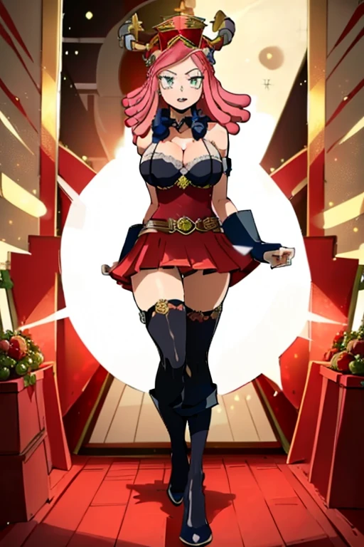 Mei hatsume,\(my hero academia\),my hero Mei Hatsume, a girl with yellow eyes with cross-shaped pupils and asymmetrically combed pink hair, with two longer locks on the right side of her face,(Wearing),+,(Imagine a dazzling, erotic twist on the traditional Mrs. Claus costume for a provocative Christmas cosplay. Start with a floor-length velvet dress in a rich crimson red hue, reminiscent of Santa's iconic suit. The fitted bodice should feature intricate gold embroidery reminiscent of festive holly leaves, with a plunging neckline that shows off ample cleavage. A wide satin sash cinches the waist, accentuating your curves before flowing into a dramatic pleated skirt. Add a few tempting touches, like sheer thigh-high stockings in a deep berry hue, supported by garter belts adorned with little bells. A pair of patent leather knee-high boots completes the look, their sleek black surface contrasting beautifully with the vibrant red dress. For a final flourish, incorporate some fun and mischievous elements – perhaps a little Santa hat dangling from the top of your head or a sprig of mistletoe cleverly hidden inside your cleavage. The overall effect should be a sensual, seductive take on classic holiday attire, perfect for offering sensual surprises under the mistletoe this Christmas season.) ,  