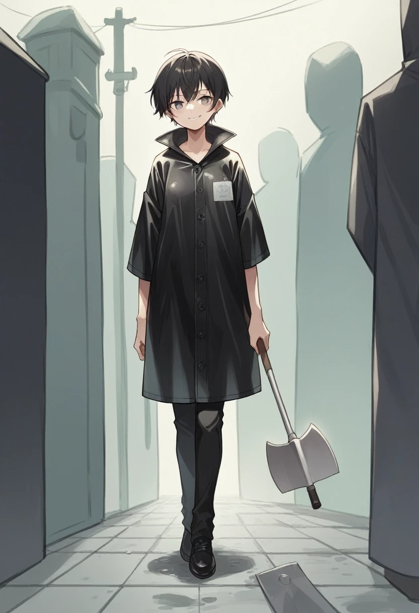 ((very tall girl)), 1 girl, full height, black very short hair, small breasts, in a long ((((black)))) leather raincoat, raincoat unbuttoned, small breasts, gray eyes, smiling, T-shirt and pants under the raincoat, holding a long shovel in his hand, 1 girl in the frame, black raincoat, 1 shovel