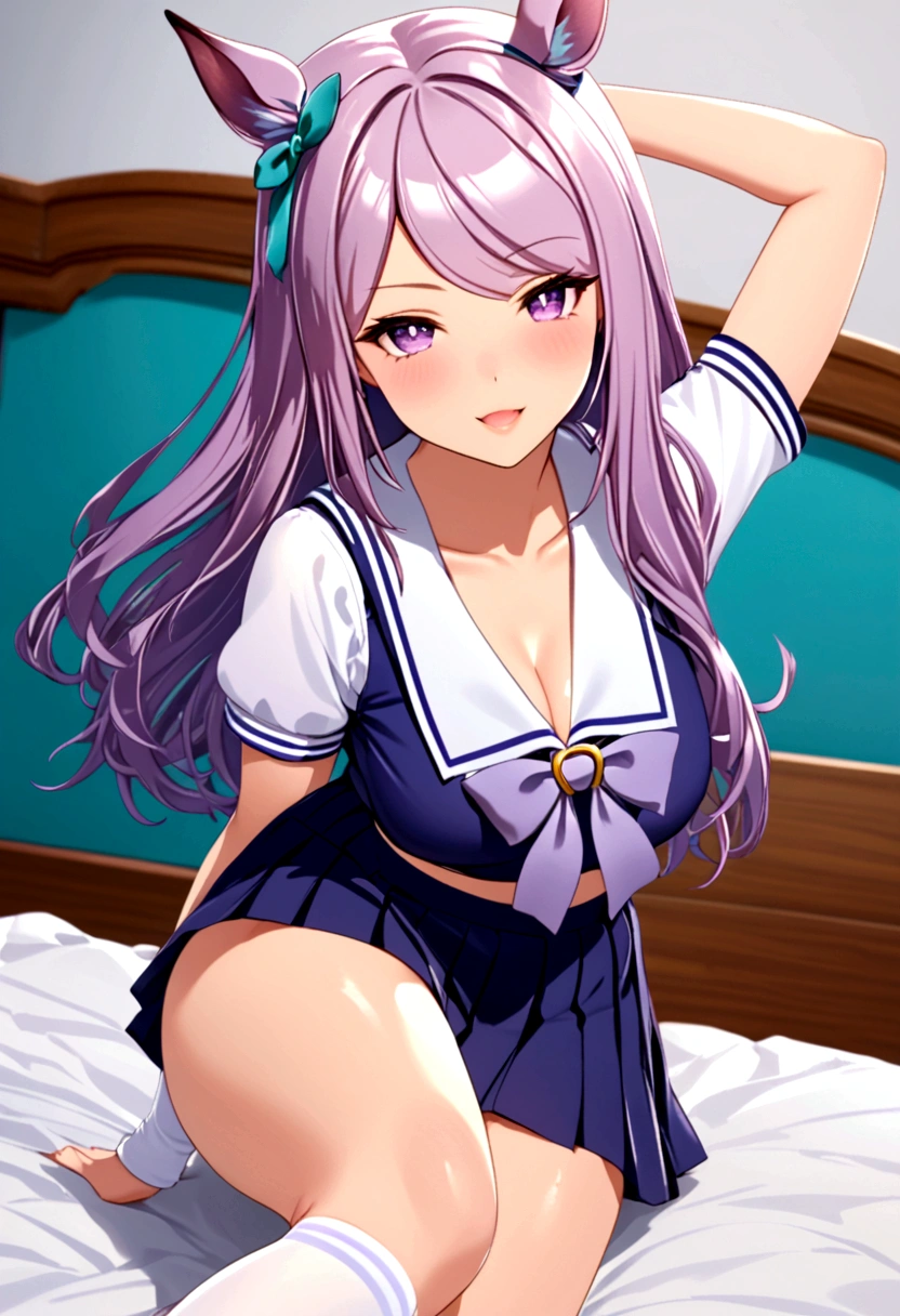 ((8K, Best Quality, masterpiece, Highly detailed)),{{{NSFW}}},Semi-realistic illustrations,Mejiro McQueen \(umamusume\),{1 girl,beautiful girl,cute,smile,kawaii, lovely,blushing,playful expression},sharp focus,oily skin,beautiful detailed hair,glossy hair,(wear school uniform:1.5),(two nipples slip from school uniform:1.2)(NSFW),erection-of-nipples,(lying on the bed:1.2),wear long school skirt,perfect two legs,(spread two legs:1.2),(show-off-white-panties:1.3),five fingers,large breaths,wear black pantyhose,beautiful detailed eyes,jewel like eyes,violet eyes, (two hands behind head:1.1),open mouth,armpits, solo,beautiful navel,  looking at viewer,collarbone,earring