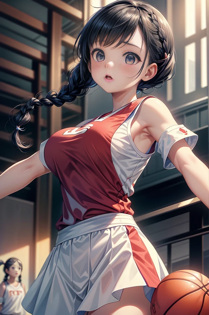 Highest quality、High resolution、Detailed Background、Beautiful Face、High detail、(Perfect Anatomy, Perfect Style)、(Detailed facial expressions)、(fine grain:1.2)、Teenage Beauty、(very wide shot:1.5), One Girl、Elementary school students, Cute black hair、Braided Bob, Braided, clear, deep blue eyes、Braided Ponytail, Braided bob cut, Basketball game, jumping:1.5, dunking:1.5, Floating in the air:1.5, ((shoot from below:2, looking up)), (Red, blue and white basketball uniform:1.5, No sleeve:1.5)、((armpit:1.5)), ((large breasts:1.2, pointy breasts:1.2, high breasts:1.2)), Slamming a basketball into the basketball goal, Focus on the entire basketball court