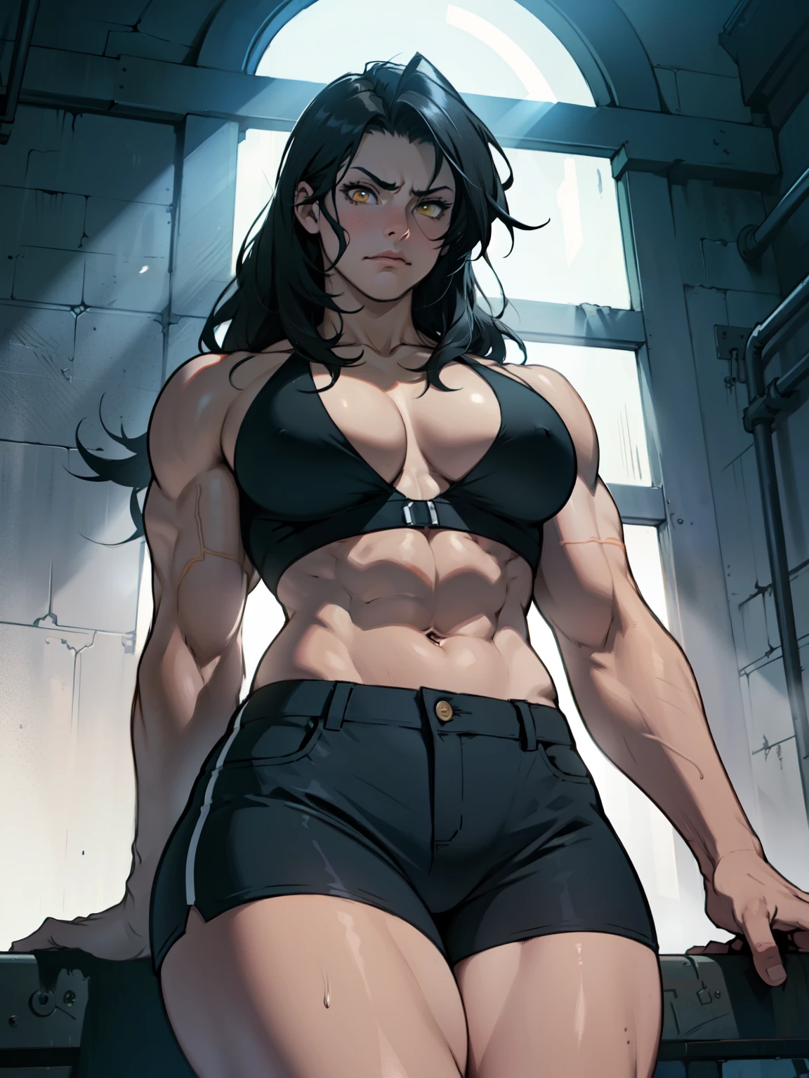 (((muscular girl))) ((thin waist toned body large breasts thick thighs)) pale skin girl black hair yellow eyes frown chiaroscuro drop shadow backlighting god rays