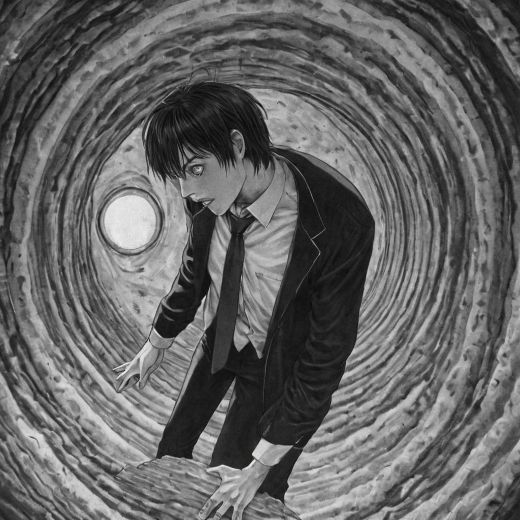 man falling into another dimension, portal, (anime), bizarre scenario, This is Junji, Yusuke Murata, black and white, 8K, anime, horror