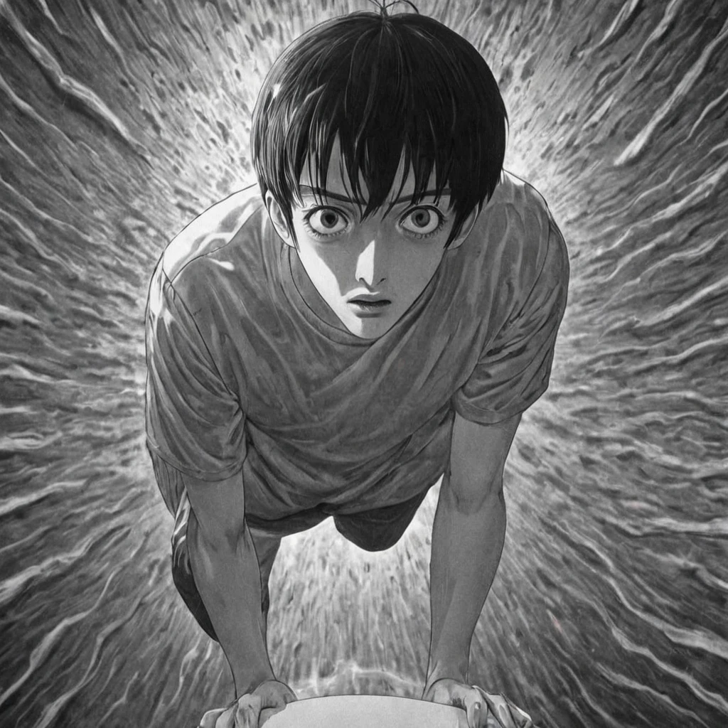 man falling into another dimension, portal, (anime), bizarre scenario, This is Junji, Yusuke Murata, black and white, 8K, anime, horror