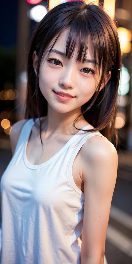 1girl, Tokyo street,night, cityscape,city lights,upper body,close-up,smile,, (8k, RAW photo, best quality, masterpiece:1.2),(realistic, photo-realistic:1.37),