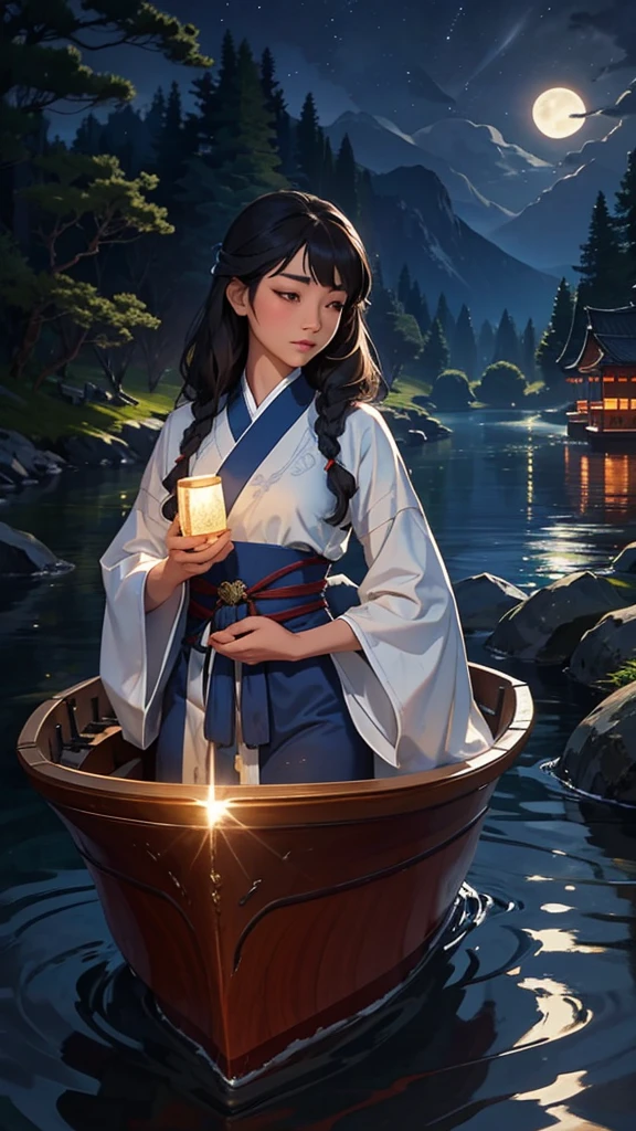 Under the silver moonlight, a young Chinese woman glides gently on her small boat down the peaceful river. Your delicate face is illuminated by the moonlight, reflected in the surface of the water surrounding your boat. She glides gracefully, long dark hair flowing delicately in the night wind. Her Chinese silk flow elegantly as she sails, absorbing the serenity of the moment. The river is like a mirror that duplicates the beauty of the night sky above, creating an idyllic and ethereal image. Right now, the young woman seems to be in harmony with the nature that surrounds her, your journey on the river lit only by moonlight.