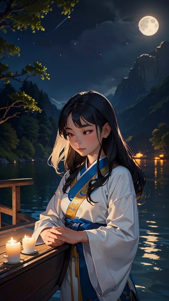 Under the silver moonlight, a young Chinese woman glides gently on her small boat down the peaceful river. Your delicate face is illuminated by the moonlight, reflected in the surface of the water surrounding your boat. She glides gracefully, long dark hair flowing delicately in the night wind. Her Chinese silk robes flow elegantly as she sails, absorbing the serenity of the moment. The river is like a mirror that duplicates the beauty of the night sky above, creating an idyllic and ethereal image. Right now, the young woman seems to be in harmony with the nature that surrounds her, your journey on the river lit only by moonlight.