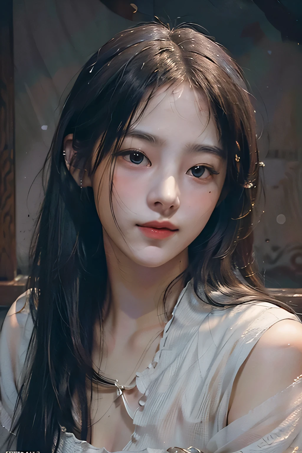 (RAW photo, best quality), ((Nostalgia,1980s syle)),(A girl with a literary atmosphere:1.2),(realistic, photo-realistic:1.3), extremely delicate and beautiful, Amazing, finely detail, masterpiece, ultra-detailed, highres,best illustration, best shadow,intricate,depth of field,(closeup portrait of a young beautiful woman:1.2),long hair,messy hair,((((low key,dark scene,dimly lit)))),(((soft lighting:1.4))),(pale skin:1.4),(shy smile),(cinematic angle),sharp focus, volumetric fog, 8k UHD, DSLR, high quality,( film grain:1.4), Fujifilm XT3,(looking at viewer), pale skin