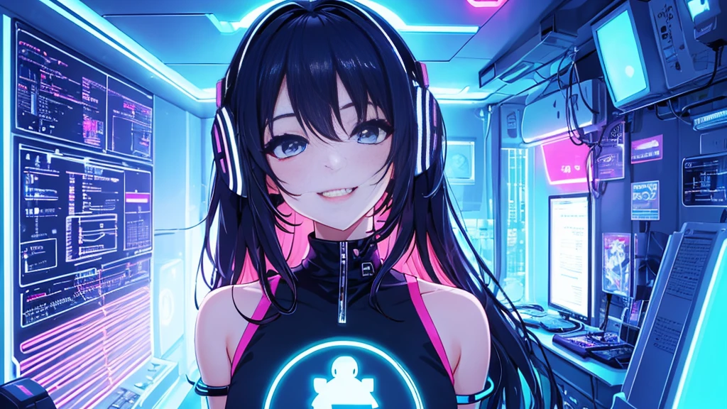 a beautiful woman smiling and having fun listens to electronic music in her room, close-up, wears modern casual clothes, LED and neon lighting, high definition, high resolution, intricate details, anime style 2d flat
