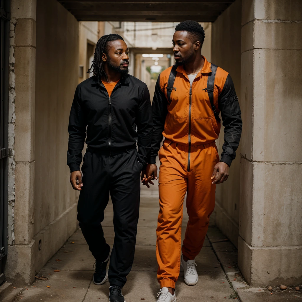 Two Black prisoners in orange jumpsuits telling secrets