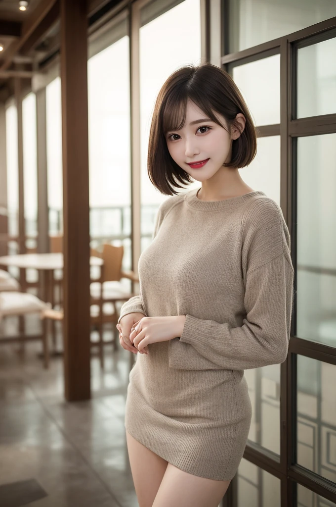 Standing、 Wear warm clothes、indoor、Very short hair、Berry Shortcut、Highest quality, figure, Super detailed, In detail, High resolution, 8k wallpaper, Perfect dynamic composition, Beautiful attention to detail, dress,Medium Hair, Small breasts、Natural color lip, Random sexy poses,smile,24-years-old