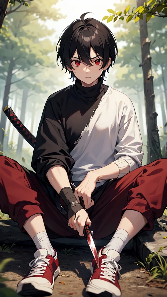 solo, looking at viewer, black hair, red eyes, 1boy, hair between eyes, sitting, full body, weapon, male focus, outdoors, shoes, sword, blurry, sweater, tree, torn clothes, blood, blurry background, bandages, katana, aged down, sneakers, , nature, bandaid, forest, injury, male , bandaged hand