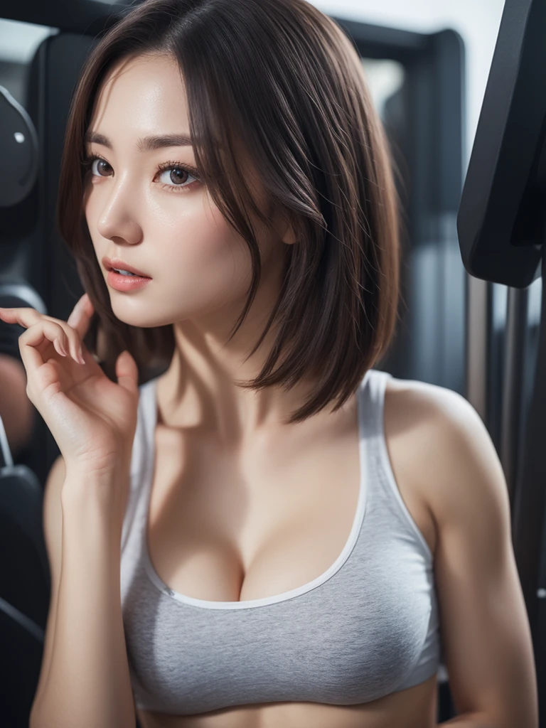 Highly detailed CG Unity 8k wallpaper, top quality, super detailed, masterpiece, realistic, photo realistic, very detailed cute girl, 25 years old, Muscle, abs, round eyes, viewer,  blush, parted lips, half body shot , 
sportswear , gym, hands on hips