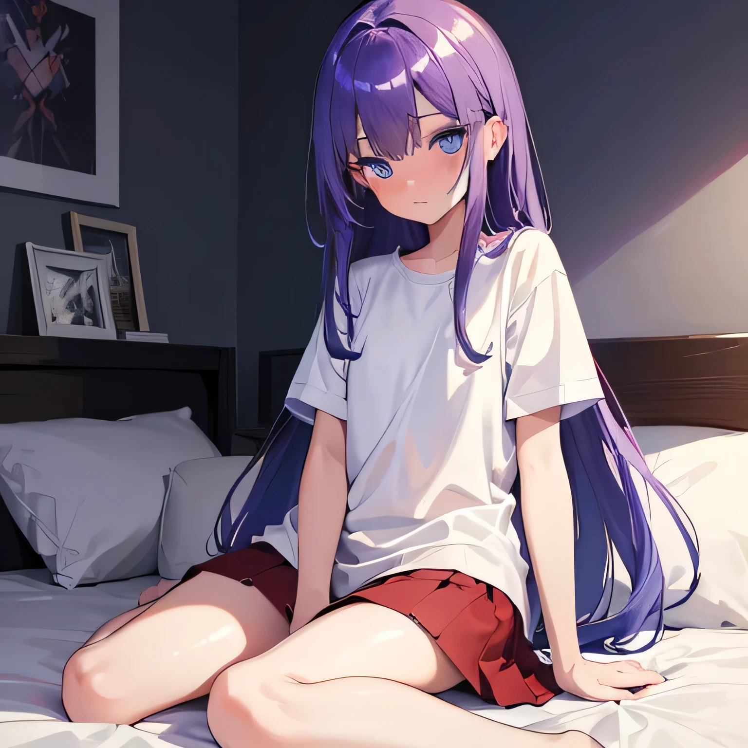 (masterpiece:1.2), best quality, 4k, absurdred, in bed, looking at viewer, skirt, white tshirt, sitting, always front, arm between legs, (blushing:1.3), purple hair, (blue eyes:1.4), small , (shiny eyes:1.3), glowy eyes, long legs.