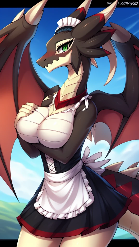 By zinfyu,by twistedscarlet60, uploaded on pixiv, by fluff-kevlar, (masterpiece), (best quality), (solo female:1.2), (extremely detailed:1.3),(detailed eye,black circle on eye,green eye, clear eye), sheou, Dragon, Dragon head, dragon wing, dragon tail, anthro dragon, close view, wearing maid dress, perfect circle breast