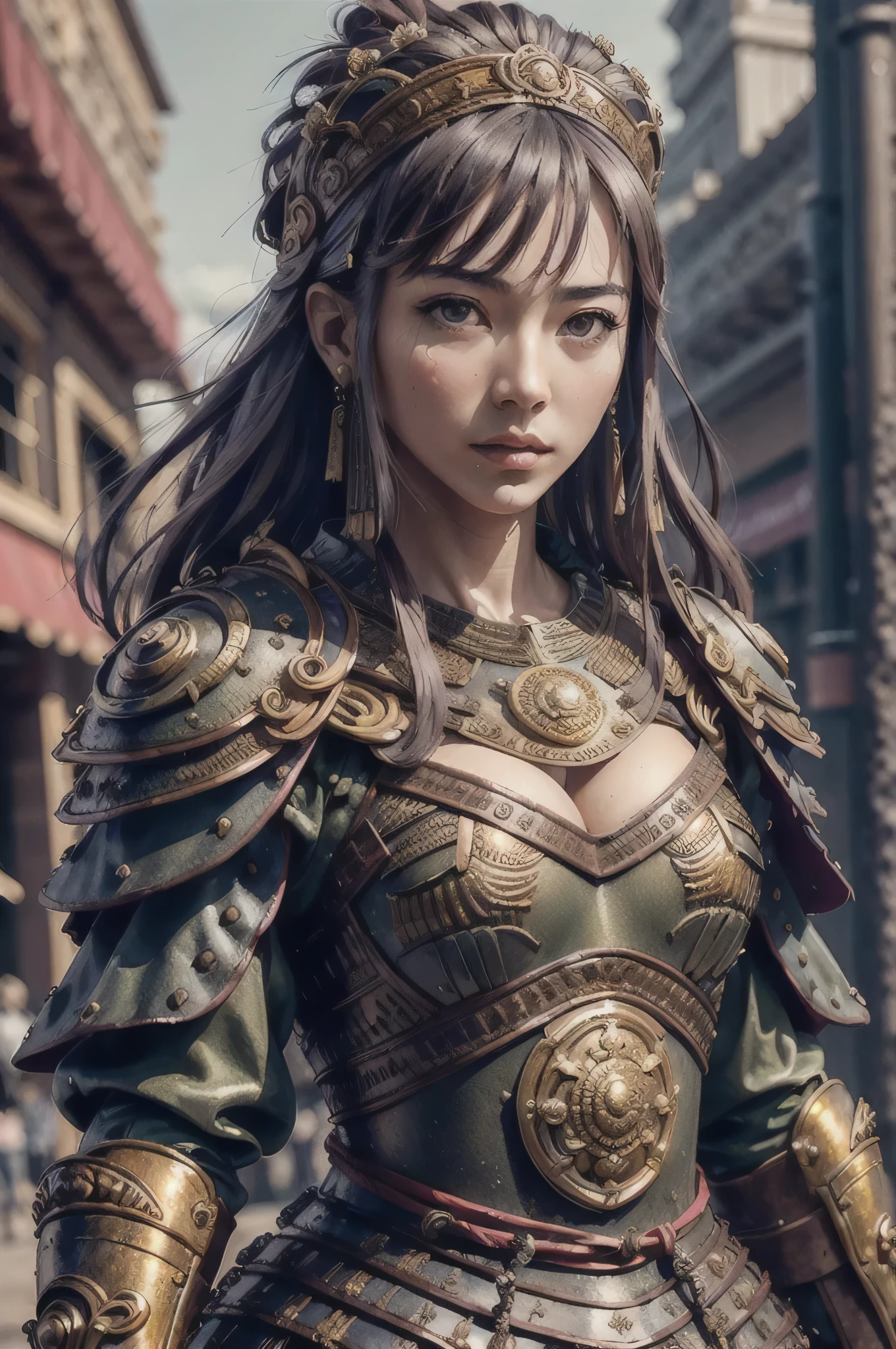 ((Best quality, 8k, Masterpiece :1.3)), Sharp focus :1.2, A pretty woman with perfect figure :1.4, Slender abs :1.2, ((Dark brown hair, Big breasts :1.2)), (Natural light, City street:1.1), Highly detailed face and skin texture, Detailed eyes, Double eyelid
