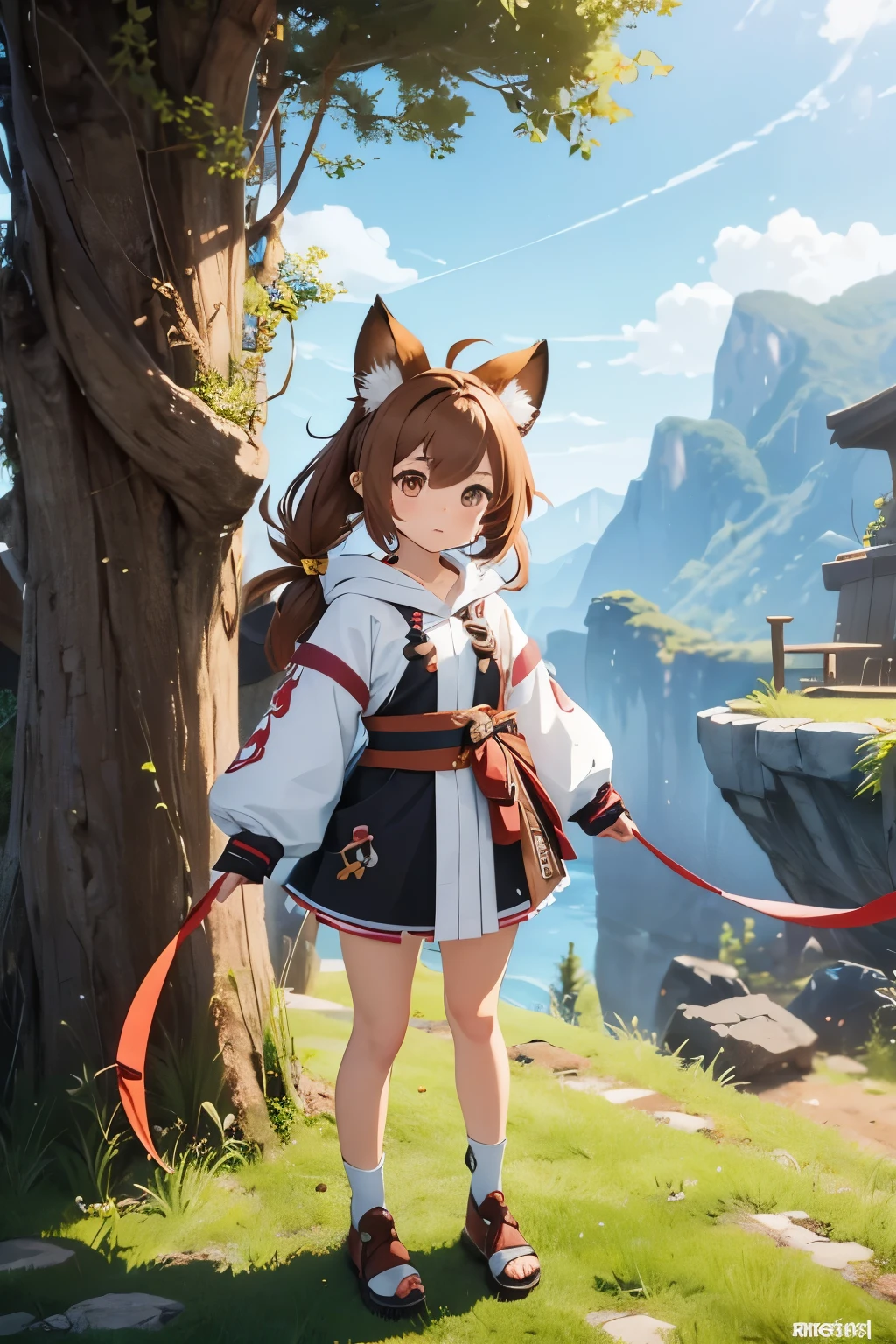 Video game girl who looks like the Genshin Impact character Sayu is small but she also has two tails on her head ,Without hood , and the head is big, It has a mix of croods , brown hair and brown eyes